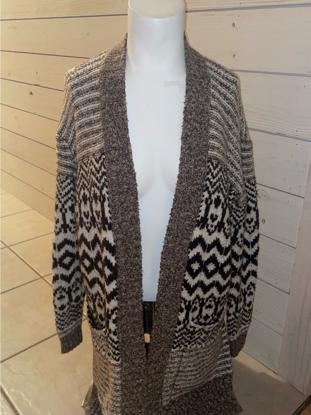 American Eagle Women's Cozy Knit Open Cardigan in Brown and Cream